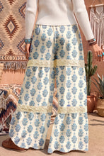 Load image into Gallery viewer, Sky Blue Floral Print Lace Patchwork Detail Wide Leg Pants