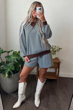 Load image into Gallery viewer, Blue Stripe Oversized Long Sleeve Top Drawstring Loose Shorts 2pcs Set