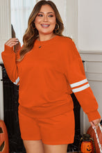 Load image into Gallery viewer, Orange Plus Size Varsity Striped Drop Shoulder Pullover Drawstring Elastic Waistband Short Set