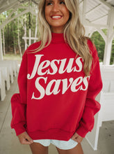 Load image into Gallery viewer, Mist Blue Jesus Saves Slogan Print Stand Neck Baggy Sweatshirt