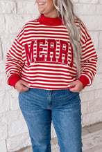 Load image into Gallery viewer, Red Stripe Plus Size MERRY Festive Letter Embroidery Patched Graphic Pullover Sweatshirt