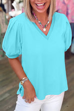 Load image into Gallery viewer, Turquoise Solid Color V Neck Short Puff Sleeve Blouse