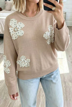 Load image into Gallery viewer, Smoke Gray Beaded Floral Patchwork Ribbed Trim Round Neck Sweater