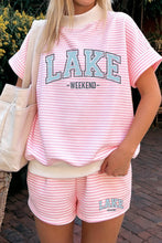 Load image into Gallery viewer, Pink Stripe Contrast Trim High Neck Short Sleeve LAKE WEEKEND 2pcs Short Set