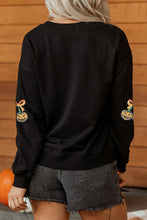 Load image into Gallery viewer, Black Halloween Sequin Pumpkin Graphic Relaxed Pullover Sweatshirt