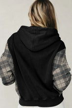 Load image into Gallery viewer, Black Plaid Sleeve Drawstring Pocket Hooded Sweatshirt