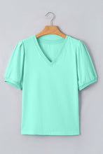 Load image into Gallery viewer, Turquoise Solid Color V Neck Short Puff Sleeve Blouse