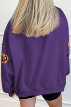 Load image into Gallery viewer, Tillandsia Purple Sequin Pumpkin Spooky Graphic Halloween Pullover Sweatshirt
