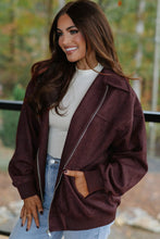 Load image into Gallery viewer, Chicory Coffee Solid Zip-up Metal Placket Collar Long Sleeve Jacket