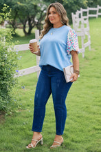Load image into Gallery viewer, Light Blue Textured Bodice Contrast Floral Sleeve Plus Size Top