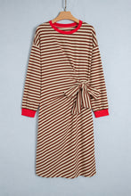 Load image into Gallery viewer, Brown Stripe Striped Colorblock Cuffs Round Neck Long Sleeve Shift Dress