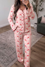 Load image into Gallery viewer, Pink Christmas Santa Print Frilled Button Front Long Sleeve Top Lounge Pant Set
