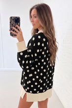 Load image into Gallery viewer, Red Polka Dot Pattern Ribbed Colorblock Trim Split Tunic Sweater