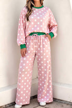 Load image into Gallery viewer, Pink Polka Dot Contrast Trim Long Sleeve Top Drawstring Shift Pants Set