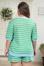 Load image into Gallery viewer, Green Stripe Plus Size Colorblock Detail Puff Sleeve Top Drawstring Shorts 2pcs Outfit
