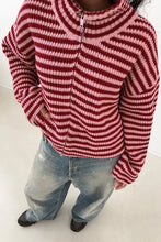 Load image into Gallery viewer, Red Stripe Striped High Neck Zip-up Sweater Long Sleeve Casual Fit Drop Shoulder Open Front Cardigan