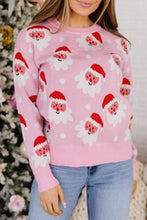 Load image into Gallery viewer, Pink Cartoon Santa Pattern Round Neck Dropped Shoulder Sweater