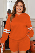 Load image into Gallery viewer, Orange Plus Size Varsity Striped Drop Shoulder Pullover Drawstring Elastic Waistband Short Set