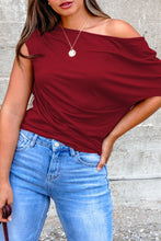 Load image into Gallery viewer, Burgundy Plus Size Solid Color Asymmetric Neck Short Sleeve Blouse