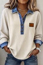 Load image into Gallery viewer, Light Grey Ribbed Denim Colorblock Detail Button Collar Long Sleeve Top