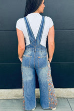 Load image into Gallery viewer, Peacock Blue Floral Patchwork Bib Denim Wide Leg Overalls