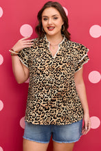 Load image into Gallery viewer, Khaki Plus Size Leopard Print Stitch Detail Ruffled Short Sleeve Blouse