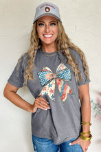 Load image into Gallery viewer, Gray US Flag Bow Print Round Neck Loose T Shirt