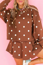 Load image into Gallery viewer, Brown Polka Dot Raw Hem Relaxed Pullover Loose Skort Two Piece Set