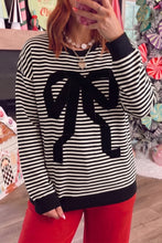 Load image into Gallery viewer, Black Stripe Velvet Bow Pattern Dropped Shoulder Loose Sweatshirt