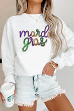 Load image into Gallery viewer, White Sequined mardi gras Graphic Crew Neck Drop Shoulder Sweatshirt