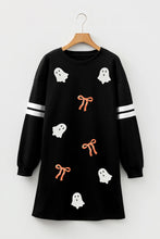 Load image into Gallery viewer, Black Sequin Ghost Graphic Varsity Striped Sleeve Halloween Sweatshirt Dress
