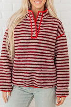 Load image into Gallery viewer, Red Striped Fuzzy Colorblock Button Placket Sweatshirt