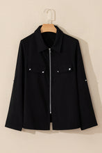 Load image into Gallery viewer, Black Collar Tab Sleeve Zip Up Flap Detail Jacket
