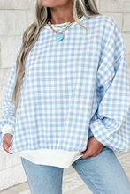 Load image into Gallery viewer, Light Blue Plaid Round Neck Long Sleeve Sweatshirt