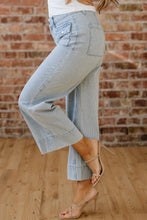Load image into Gallery viewer, Sky Blue Stripe Button Flap Pocket Cuffed Hem Wide Leg Jeans