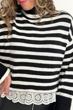 Load image into Gallery viewer, Black Striped High Neck Contrast Ruffle Detail Casual Sweater