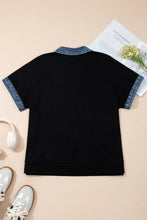 Load image into Gallery viewer, Black Plus Size Textured Contrast Denim Patchwork Button Polo Tee