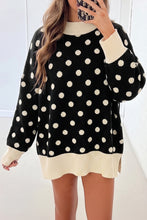 Load image into Gallery viewer, Red Polka Dot Pattern Ribbed Colorblock Trim Split Tunic Sweater