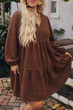 Load image into Gallery viewer, Coffee Winter Corduroy V Neck Long Sleeve Plus Size Mini Dress