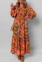Load image into Gallery viewer, Chestnut Floral Puff Sleeve Smocked Bodice Ruffled Long Dress