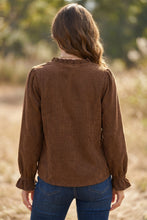 Load image into Gallery viewer, Coffee Solid Color Ruffle Trim V Neck Long Sleeve Button Corduroy Shakcet