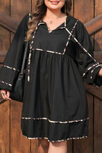 Load image into Gallery viewer, Black Plus Size Long Sleeve Leopard Contrasted Trim Tie Neck Flared Mini Dress