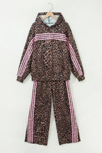 Load image into Gallery viewer, Brown Leopard Print Contrast Striped Detail Long Sleeve Top Pant Set