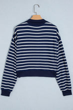 Load image into Gallery viewer, Blue Stripe Textured Knit Half Zip Collared Long Sleeve Top