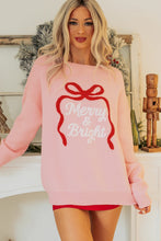 Load image into Gallery viewer, Gossamer Pink Drop Shoulder Round Neck Towel Embroidery Slogan Pullover Sweater