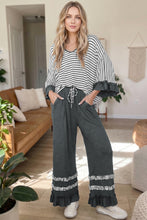 Load image into Gallery viewer, Gray Stripe V Neck Ruffle Contrast Sleeve Top Drawstring Pants 2pcs Set