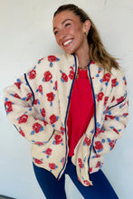 Load image into Gallery viewer, White Floral Print Zipper Stand Neck Outerwear Fleece Coat