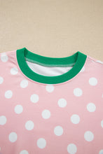 Load image into Gallery viewer, Pink Polka Dot Contrast Trim Long Sleeve Top Drawstring Shift Pants Set
