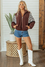 Load image into Gallery viewer, Coffee Leopard Patchwork Fleece Western Style Zip-up Collar Jacket