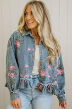 Load image into Gallery viewer, Sky Blue Floral Print Raw Seam Ruffle Hem Denim Jacket